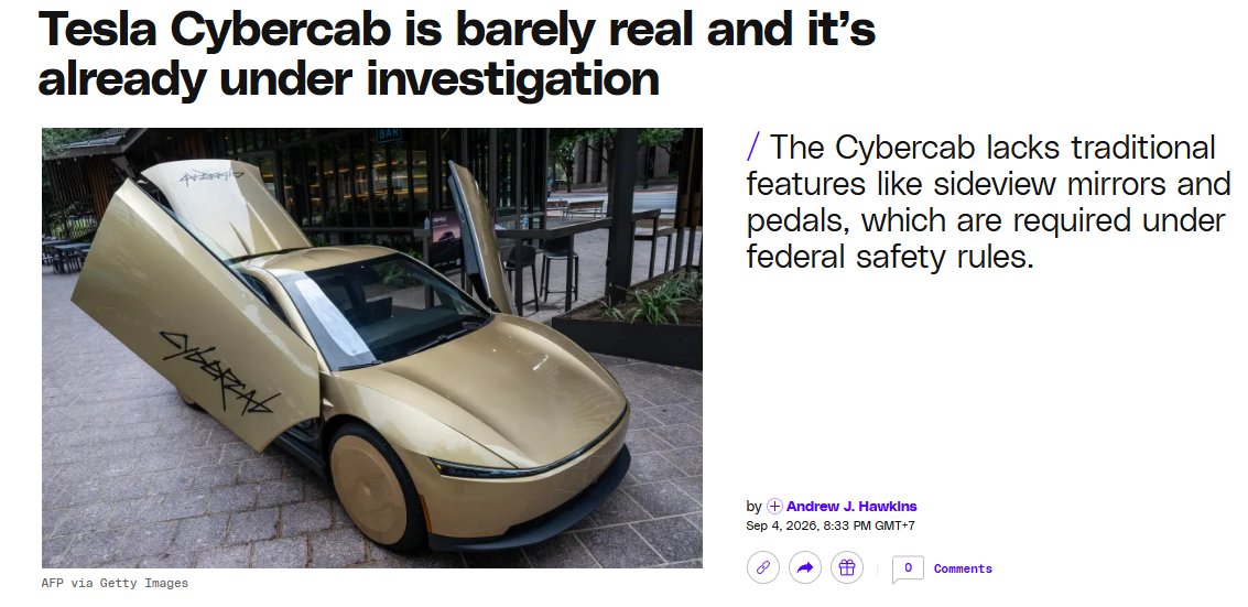 0xQuanNguyen's tweet photo. Federal regulators at NHTSA just launched a formal audit into the @Tesla Cybercab self-certification process. The issue is the complete lack of FMVSS-required safety features like sideview mirrors, foot pedals, and a steering wheel. Amazon's Zoox faced the exact same probe and was barred from charging passengers for two full years.

Launching a product without regulatory clearance is classic Elon Musk. But software updates can't magically spawn a steering wheel if the feds ground the fleet.