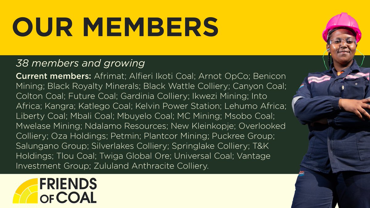 FriendsOfCoalSA's tweet photo. Our members represent a broad cross-section of the industry united by a common objective: promoting the role of coal in South Africa’s economy, energy security and industrial development.

#FriendsOfCoal #CoalIsEssential #EnergySecuritySA #Industrialisation https://t.co/k5ZK6kL23T