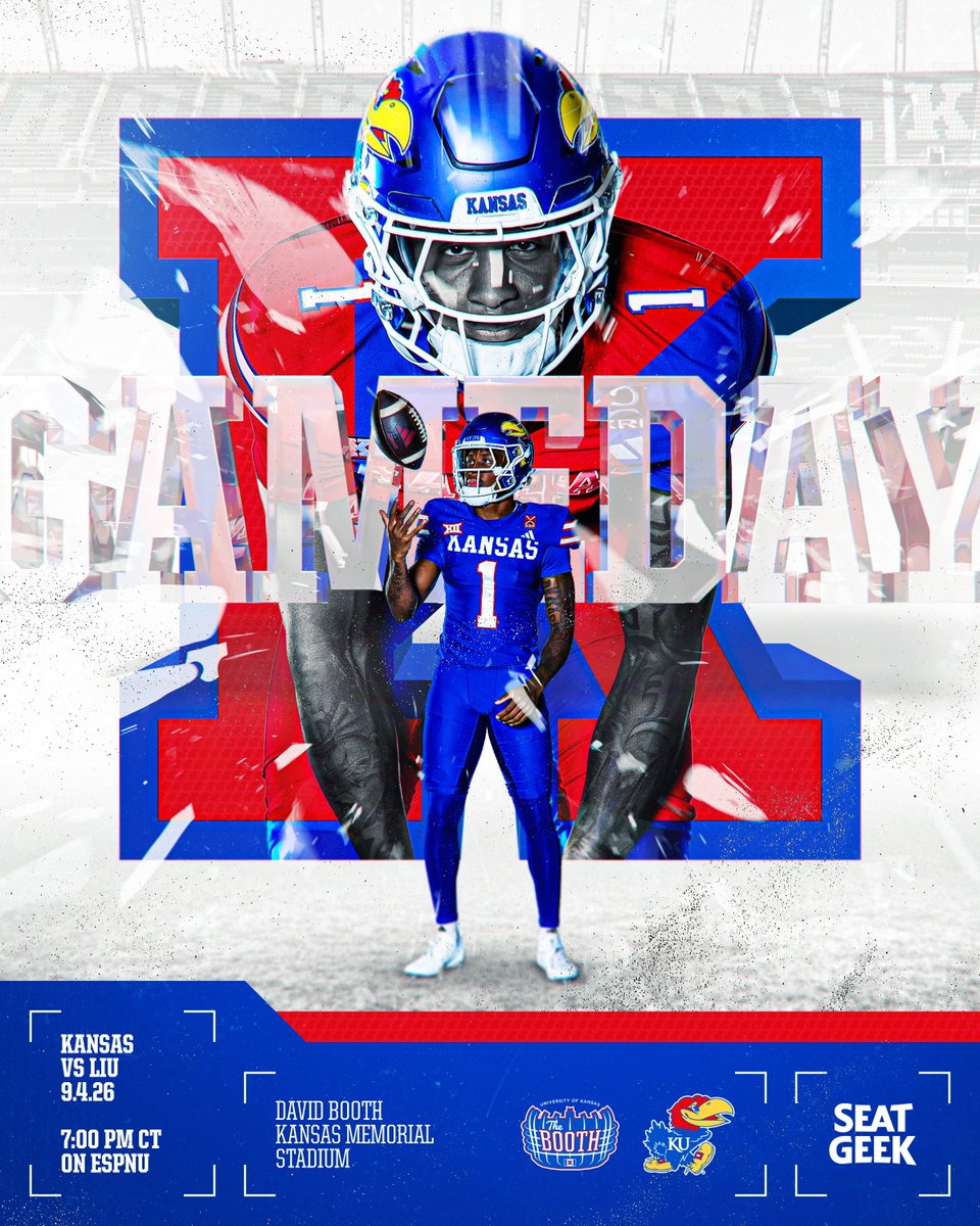 KU_Football's tweet photo. IT’S GAMEDAY!

👉 vs. LIU
⏰ 7 PM CT
🏟️ The Booth
📺 ESPNU
🎙️ Jayhawk Sports Network
ℹ️ https://t.co/pmDo6XTJlx

#RockChalk | @SeatGeek https://t.co/0HYwEBMLMr