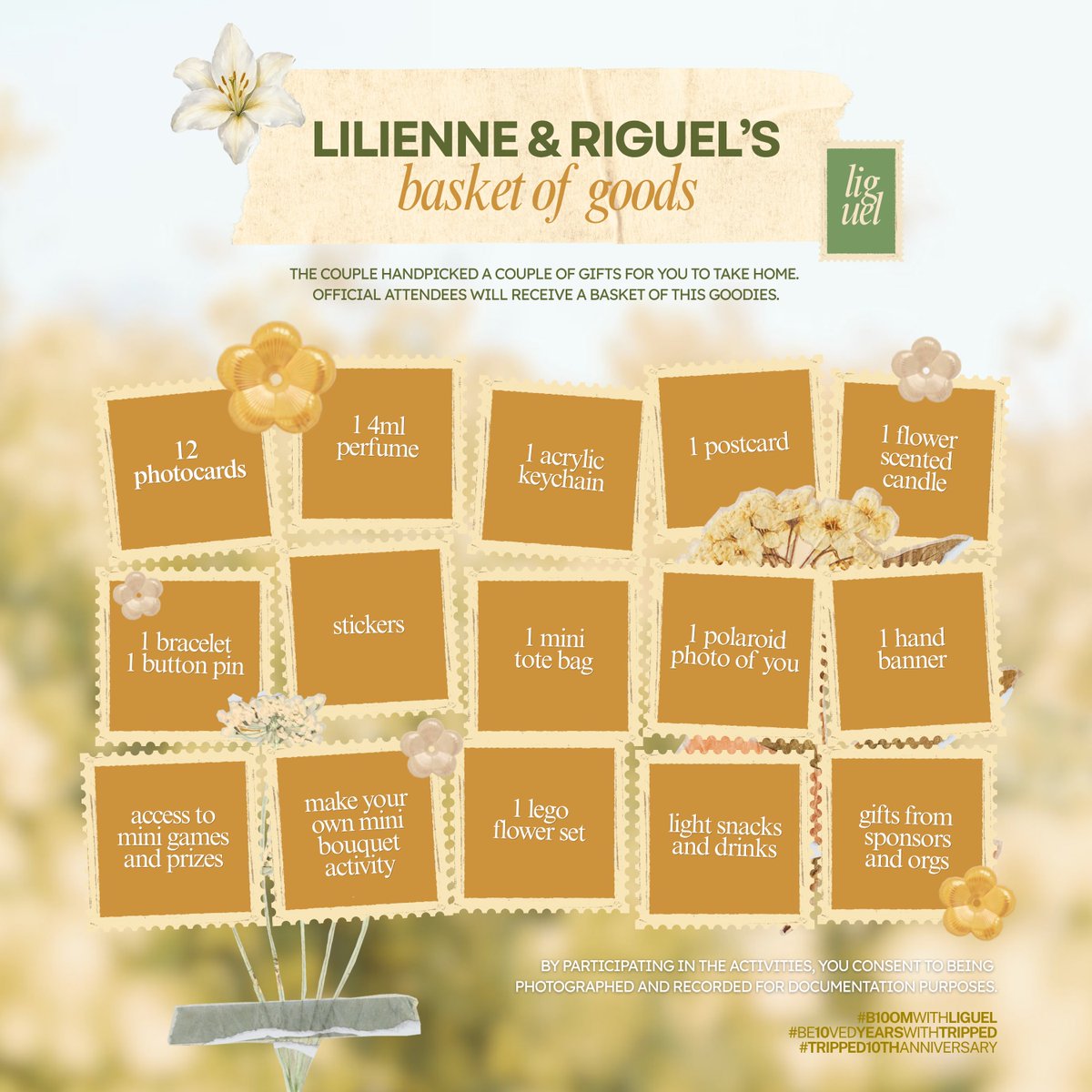 bloomwithliguel's tweet photo. We’ve curated a basket of goods to celebrate Lilienne &amp; Riguel’s tenth anniversary especially for you! 🌻

See you by the water garden!
🏷️ tripped, ags, alegria series, jonaxx

#B10omWithLiGuel
#Be10vedYearsWithTripped
#Tripped10thAnniversary https://t.co/nGd5dXk0AV