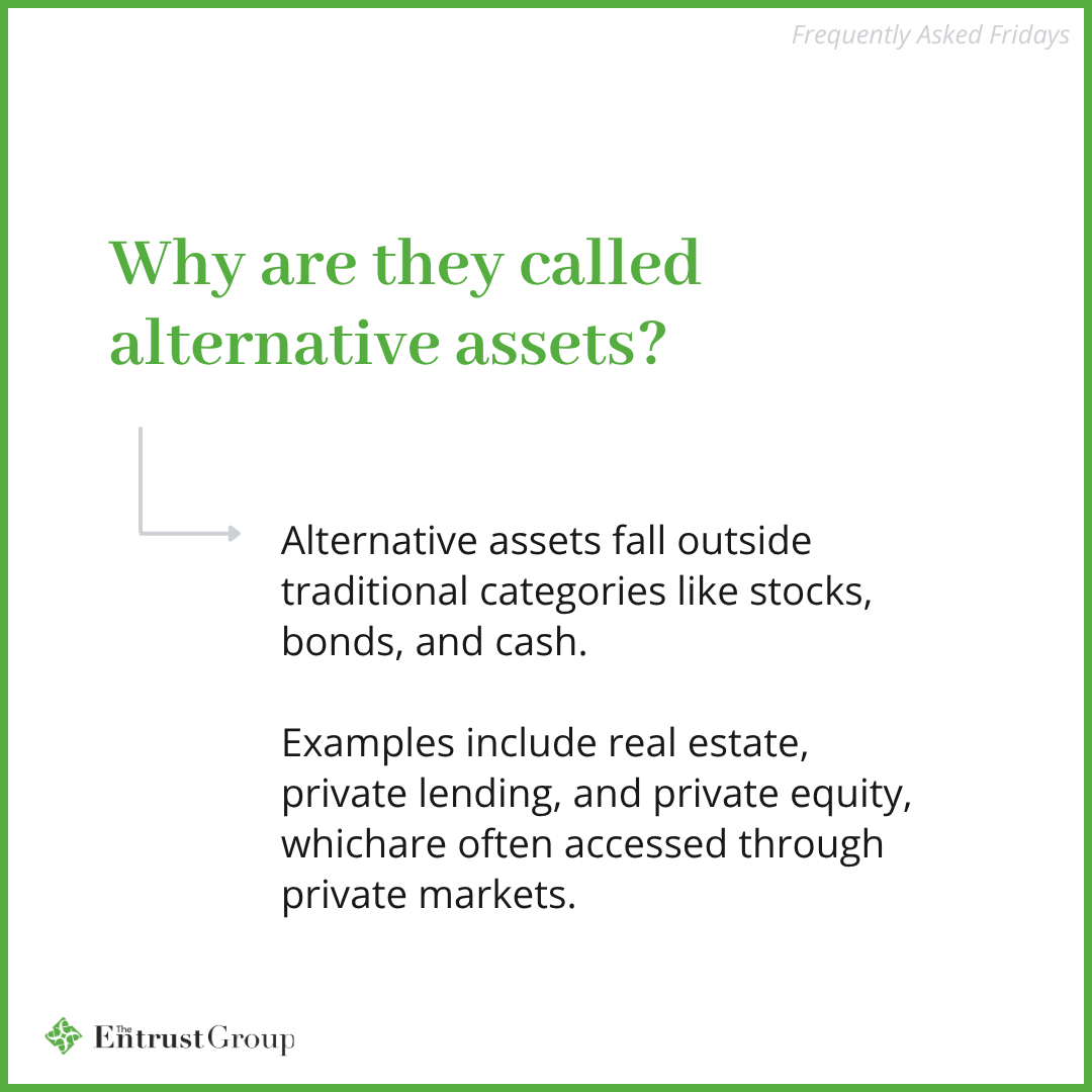 TheEntrustGroup's tweet photo. Frequently Asked Fridays: Why “alternative assets”?

They fall outside traditional stocks, bonds, and cash. Examples include real estate, private lending, and private equity—often accessed through private markets.

What should we answer next? https://t.co/yxSNyf1kdK