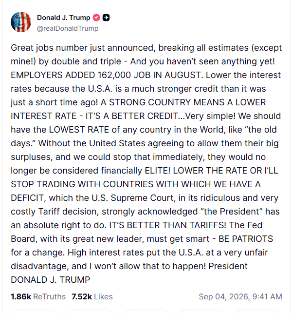 NickTimiraos's tweet photo. Trump expresses his ongoing irritation with how economic indicator reports that provide any evidence of overheating lead stocks to pull back.

He renews his demand for lower interest rates: "The Fed Board, with its great new leader, must get smart - BE PATRIOTS for a change." https://t.co/t5MuFt61bD