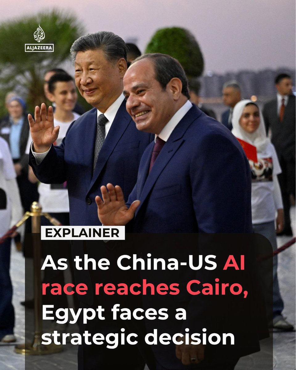 AJEnglish's tweet photo. As China’s Huawei bids to build Egypt’s AI data centres and the US prepares a rival offer, Cairo faces a strategic choice between two powers competing for influence.

What does this mean for Egypt’s ties with Washington and Beijing? https://t.co/3YvLxw7ycj https://t.co/HiCAlAzju4