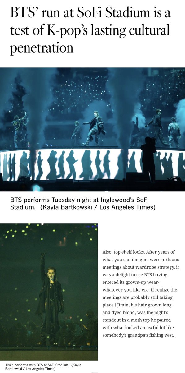 PJiminSupportBR's tweet photo. O jornal Los Angeles Times mencionou Jimin em sua resenha do show do BTS na cidade de Los Angeles, como parte da turnê mundial ARIRANG, destacando que seu longo cabelo longo loiro e sua aparência marcante o tornaram "o destaque da noite".

O artigo também incluiu uma foto de Jimin no palco giratório, além de uma imagem individual dele durante a performance, enquanto ele apareceu várias vezes no vídeo do jornal com os melhores momentos da cobertura filmada do show. 

Ele é incrível mesmo 🔥
https://t.co/MbLYAHbFZJ