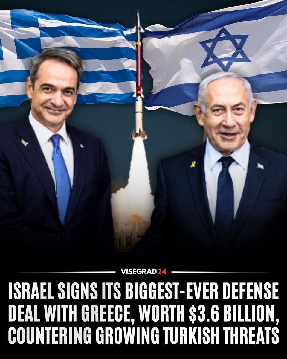 visegrad24's tweet photo. Israel has signed a record €3 billion arms export deal with Greece to build a comprehensive, multi-layered air defense system called “Achilles Shield” as tensions between Greece and Turkey continue to rise. Greece recently sent two F-16 fighter jets to drive away a Turkish drone near the Greek islands of Samothrace and Lemnos, while Greece plans a new drone base on Rhodes, close to Turkey.

The deal includes Israeli-made systems such as David’s Sling, SPYDER, and BARAK MX. 

It is the largest defense deal in Israel-Greece history and the first time Israel will supply another country with a complete air defense array against ballistic missiles and drones.

Israel, Greece and Cyprus are also building closer military ties, which could eventually include sharing radars, sensors and other systems to detect and track threats across the Eastern Mediterranean.