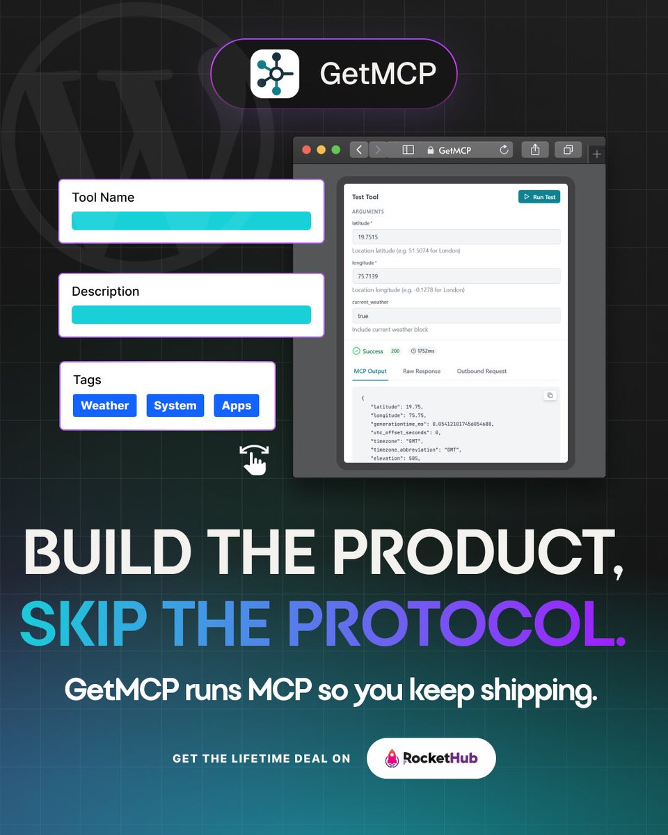 RocketHub's tweet photo. Build the product. Skip the protocol. 🚀

GetMCP handles the MCP layer for your API so you can focus on building, not protocol work.

👉 https://t.co/0SQVRhl9cA https://t.co/qYzlH4fFjU