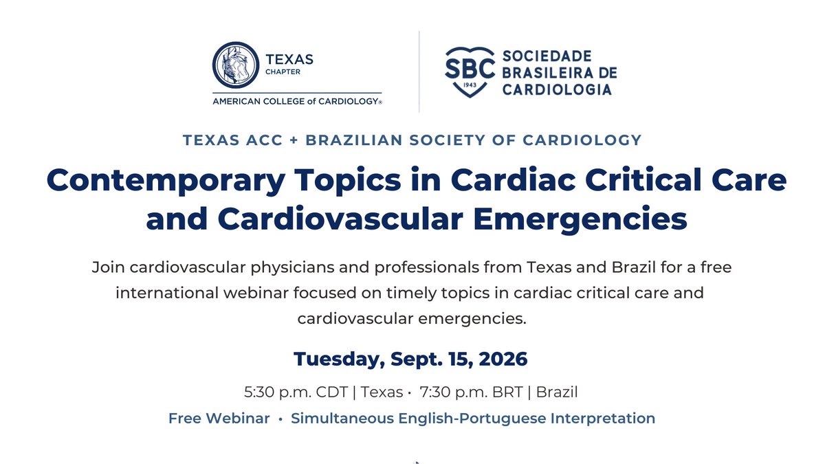 txchapteracc's tweet photo. You’re invited! On Tuesday, Sept. 15, TCACC and the Brazilian Society of Cardiology are bringing cardiovascular professionals from across borders together for a free international webinar.

Learn more and register: https://t.co/GXPpaA0KVo https://t.co/hQAScF5Yiy