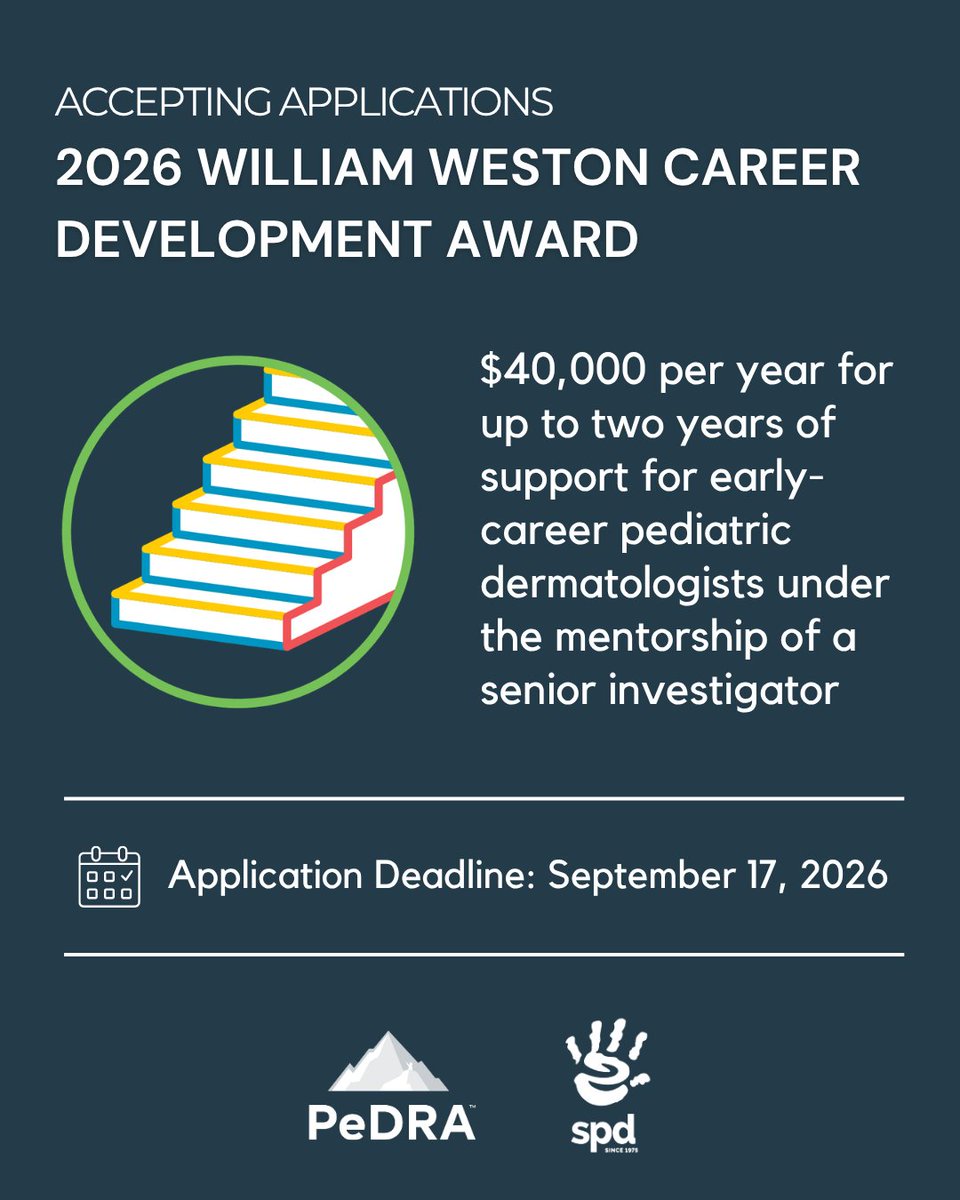PeDRAResearch's tweet photo. 🌟 PeDRA and the Society for Pediatric Dermatology (SPD) are offering the Weston CDA to support an early-career pediatric dermatologist pursuing an innovative research project with guidance from a senior mentor.

Learn more &amp; apply: https://t.co/E0KCvJwxyZ

#PeDRA #pedraresearch https://t.co/p0IXyuuuUy
