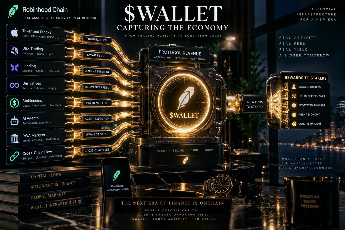 genrih99999's tweet photo. 🚨 $WALLET: WHAT IF THE REAL ALPHA ISN’T PRICE — BUT CASH FLOW? ⚡💰

Everyone is watching the $WALLET chart.

I’m watching something much bigger:

What if WALLET eventually earns from the financial activity happening across @RobinhoodApp / @RobinhoodCrypto ? 👀

Robinhood Chain is evolving into a full financial stack:

📈 Tokenized Stocks
💱 Spot trading
💧 Uniswap liquidity
🏦 Morpho lending
⚡ Derivatives
🌐 Cross-chain execution
🤖 Autonomous agents
🏛️ RWA markets

Now consider the model aixbt proposed:

Stake $WALLET → participate in ecosystem economics.

Trading fees.
Swap activity.
Lending activity.
Liquidity incentives.
Potentially execution/reward flows.

If that architecture becomes real, WALLET stops being just another speculative token.

It becomes a potential productive financial asset

🧮 THE MATH GETS WILD

Fixed supply: roughly 1B WALLET.

Owning 5M WALLET = 0.5% of the entire supply.

But suppose only 200M WALLET ultimately gets staked.

Then 5M represents:

2.5% OF THE ENTIRE STAKING POOL. 🤯

Now imagine eligible ecosystem revenue reaches:

$50M/year → 10% distributed → ~$125K/year

$100M/year → 20% distributed → ~$500K/year

$250M/year → 20% distributed → ~$1.25M/year

$500M/year → 30% distributed → ~$3.75M/year

$1B/year → 30% distributed → ~$7.5M/year

From a 5M WALLET stake.

These are scenario calculations — not current yield and not announced tokenomics.

But that’s exactly the point.

🤖 NOW ADD AUTONOMOUS FINANCE.

Human trading volume has natural limits.

Machine execution doesn’t.

One autonomous portfolio could continuously:

rebalance → hedge → borrow → repay → swap → route liquidity → move collateral → execute RWA trades.

24/7.

One human account could generate thousands of machine transactions.

That changes the metric completely.

Not:

MAU 👤

But:

AUAM — ASSETS UNDER AUTONOMOUS MANAGEMENT 🤖💰

And potentially:

AUAM × CAPITAL VELOCITY × EXECUTION INTENSITY

If WALLET captures even a fraction of that economic activity, its value proposition becomes fundamentally different.

🧠 THE REAL QUESTION ISN’T:

“How high can WALLET go?”

It’s:

“WHAT CASH FLOWS COULD WALLET OWN?”

If the answer eventually becomes:

⚡ execution economics
💧 liquidity incentives
🏦 lending activity
🤖 agent rewards
🔐 solver/agent staking
💰 protocol fee sharing

then we’re no longer analyzing a meme or “wallet token.”

We’re analyzing a potential economic coordination layer for machine-native finance.

And 5M tokens wouldn’t simply represent a bag.

It would represent 0.5% of a fixed economic network. 🌐

There is still one massive missing piece:

⚠️ ROBINHOOD HAS NOT ANNOUNCED WALLET STAKING OR FEE SHARING.

ETH remains the native gas asset of Robinhood Chain.

So this thesis lives or dies on mandatory utility + real value capture.

But if staking appears…

If fee distribution appears…

If agents/solvers must bond WALLET…

If execution revenue starts flowing toward WALLET…

then stop measuring this thing by holders.

Start measuring the cash-flow machine. 🤖⚡💰

THE CHART IS THE DISTRACTION.

THE ECONOMIC RIGHTS ARE THE ALPHA. 👀