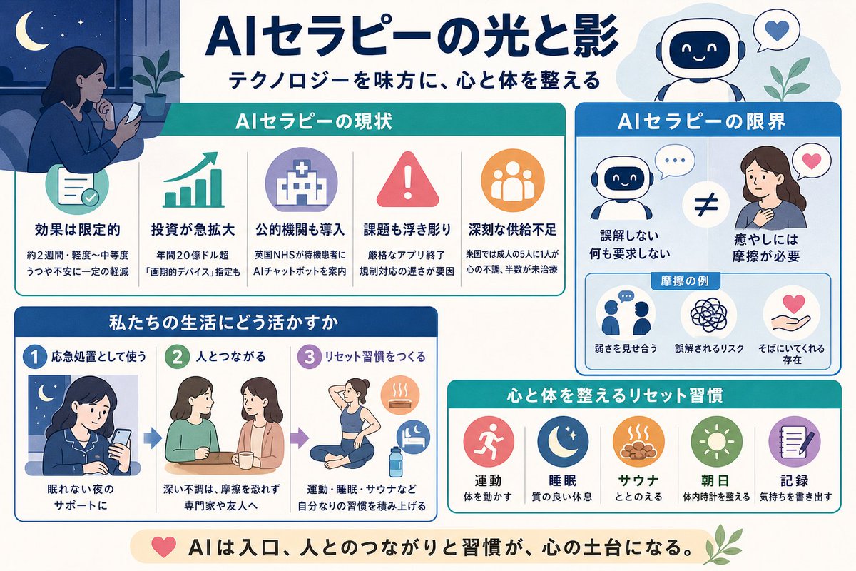 kenbiolab's tweet photo. 夜中の3時、誰にも言えない不安をAIチャットに打ち明けたこと、ありませんか？🌙

Psychology Todayに、AIセラピーをめぐる考えさせられる記事が掲載されていました。MITの心理学者シェリー・タークル氏は、AIが提供するものを『偽りの共感（pretend empathy）』と呼んでいます。

▶ 記事の要点を整理すると

✅ AIセラピーの臨床試験では、うつや不安の症状に一定の軽減が確認されたとの報告あり。ただし効果は約2週間・軽度〜中等度のケースに限定
✅ デジタルメンタルヘルスへの投資は年間20億ドル超に急拡大。米FDAは産後うつ向けCBTプログラムなどに『画期的デバイス』指定を付与
✅ 英国NHSは、対面セラピーの待機患者にAIチャットボットを案内する試験も
✅ 一方で、スタンフォードの研究者が関わり1億2400万ドルを調達した最も臨床的に厳格なプラットフォーム『Woebot』は、2025年6月に消費者向けアプリを終了。規制対応の遅さとユーザー離脱が原因とされ、規制の緩いサービスばかりが伸びている状況
✅ 背景には深刻な供給不足：米国では成人の5人に1人が心の不調を抱え、その半数は治療を受けられないという現実

💡 記事が指摘する核心はここです。

チャットボットは決してあなたを誤解しないし、何も要求しない。でも著者は『癒やしには摩擦が必要』だと言います。互いに弱さを見せ合うこと、誤解されるリスク、そして継続的にそばにいてくれる存在。その『摩擦のなさ』こそがAIセラピーの売りであり、同時に限界なのだと。

つまりAIは「入口」としては価値がある一方、人に知られること・関わることのコストを完全に代替はできない、という視点ですね。

▶ 私たちの生活にどう活かすか

1️⃣ AIツールは『眠れない夜の応急処置』と割り切って使う
2️⃣ 深い不調が続くときは、摩擦を恐れず人（専門家・友人）とつながる
3️⃣ 運動・睡眠・サウナなど、自分なりのリセット習慣を平常時から積み上げておく

ストレスケアって特別な一手より、日々の小さなルーティンの積み重ねが土台になると思います。続けられる形に落とし込めるかどうかが、結局いちばんの分かれ目な気がします😌

テクノロジーとの付き合い方も含めて、心と体の整え方をこれからも発信していきます。気になった方はぜひ今後の投稿もチェックしてみてください🐈
#メンタルヘルス #AIセラピー
📚 引用元: https://t.co/0rsITVUimt