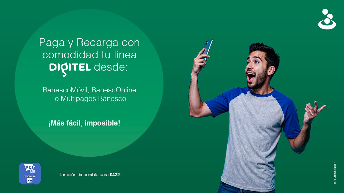 Banesco's tweet photo. ¡No te desconectes!  Recarga o paga tu factura Digitel fácil y rápido con Banesco. 🤳

Usa #MultipagosBanesco, #BanescoMóvil o #BanescOnline y mantén tu línea #Digitel activa desde donde estés. 📲

¡Ahora disponible para 0422!

#BanescoContigo https://t.co/HvmdxyIRus