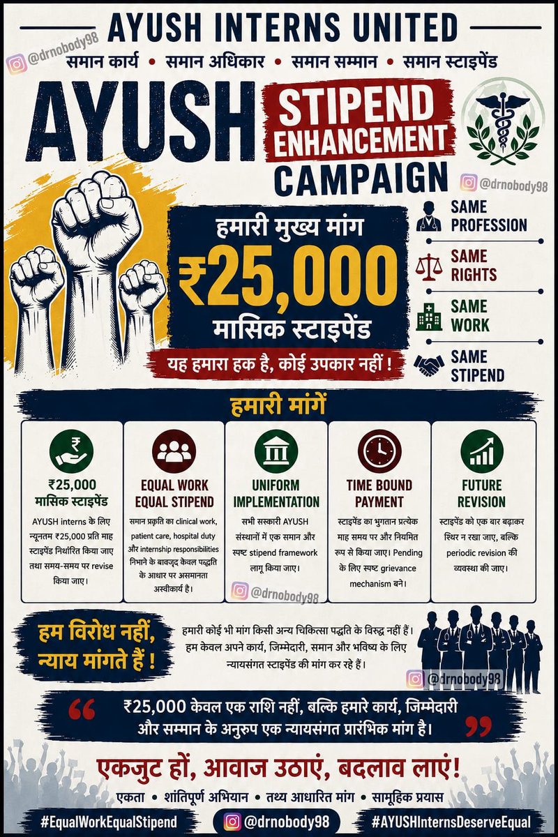 Pranshu31392936's tweet photo. हमने 5 साल पढ़ाई की, 12 घंटे ड्यूटी की, फिर भी ₹7500। ये कैसा न्याय? UP के 19 AYUSH कॉलेज लखनऊ में बड़ा प्रदर्शन करेंगे। ₹25,000 की मांग पूरी करो। @PragyaLive @uptak @JagranNews @amarujala @CMOfficeUP #25kforAYUSH #hikeAYUSHstipend #AYUSHInternsUP https://t.co/rvwPHEplMq