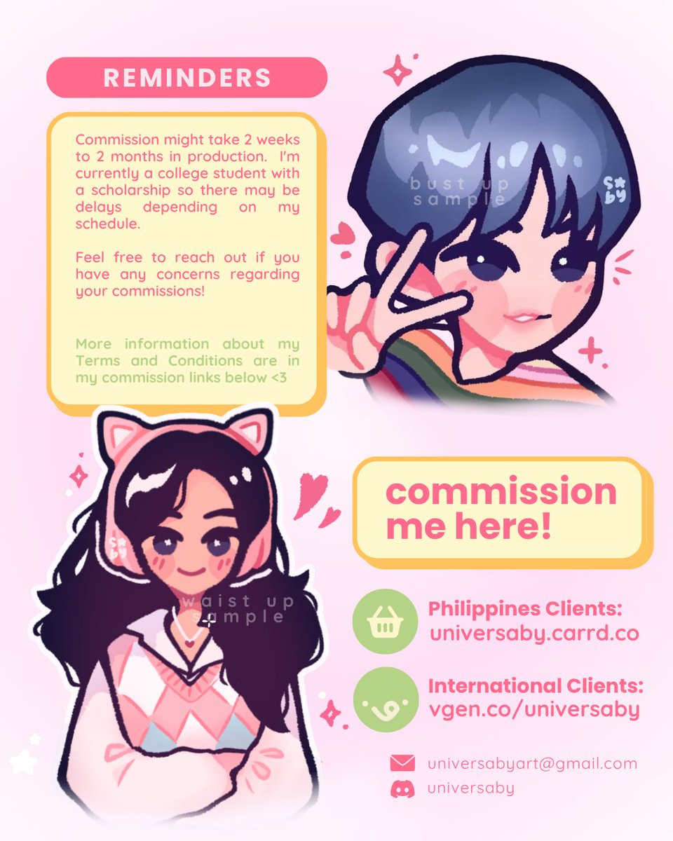 universaby's tweet photo. *ೃ༄ saby’s commissions open! 🌷

👛 sparkly chibi art style (headshot, bust, waist up)
👛 5 slots for september
— accepting local and inter clients!

🇵🇭 https://t.co/8pqKlncQ4H
🌎 https://t.co/F2gdjsAzbQ

🏷️ #commission #artph #vgencomms #vgenopen #VGenArtist https://t.co/moKNtpovnG