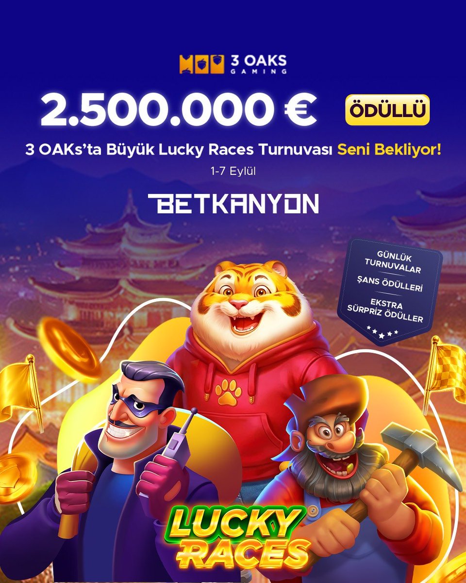 BKanyonResmi's tweet photo. 👉 https://t.co/RNJvba71pw
🎉 3 OAKS LUCKY RACES TURNUVASI DEV ÖDÜLLERLE BETKANYON’DA! 
💰 2.500.000€ ödül havuzu, 7 gün boyunca ödüllerle buluşturuyor!
🎰 Şimdi geçerli oyunlarda oyna;
🏁 Günlük turnuvalar,
🍀 Şans ödülleri,
🎁 Ekstra sürpriz ödülleriyle kazanmaya başla! https://t.co/7c9y4kzFE7