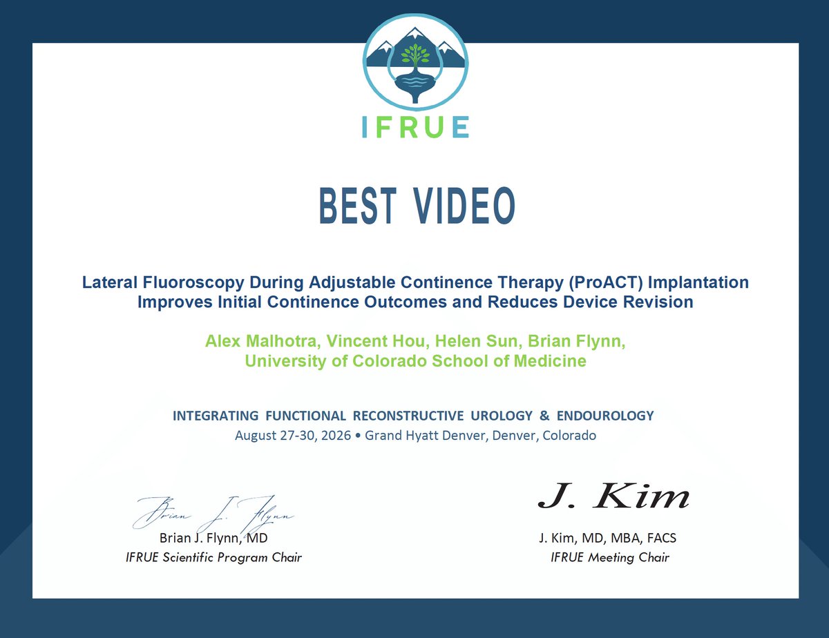 Brian_J_Flynn's tweet photo. Huge congratulations to @CU_Urology #FRU research Scholar @AlexMalhotra3  for winning Best Video at #IFRUE2026 for our work on the Lateral View Technique for male SUI paraurethral balloon placement, presented by video and poster moderator @SiobhanHartigan!

Incredible effort from @CU_Urology;  MSIV @CUMedicalSchool Vincent Hou @vrhou98 (co-lead),  #FRU fellow @HelenSunMD, and the entire Team!

Alex & Vincent are both applying in this upcoming #UroMatch cycle. Any residency program would be lucky to match these two rockstars! 👏 Urology
@IFRUEUrol 
@CUAnschutz