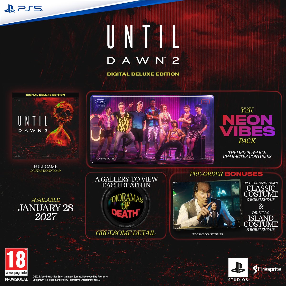FirespriteGames's tweet photo. Want more ways to stand out… and die dramatically? ✌️ 

Until Dawn 2 Digital Deluxe Edition includes Y2K Neon Vibes Costume Pack and the Dioramas of Death gallery. Pre-order from September 10th to also receive bonus Dr Hill Content!

Find out more: https://t.co/jKvDkEaofq https://t.co/OBbYNpmGGQ