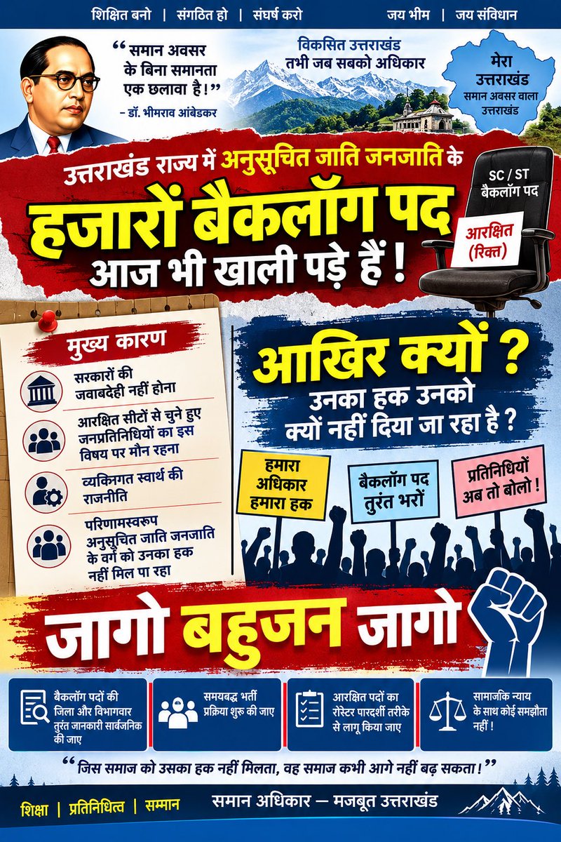 IndraKumarArya3's tweet photo. उत्तराखण्ड राज्य गठन को 26 वर्ष होने जा रहे हैं लेकिन अनुसूचित जाति जनजाति के सरकारी नौकरियों में बैकलॉग के हजारों पद रिक्त पड़े हैं आख़िर सरकारें sc/st वर्ग के लोगों को उनका हक क्यों नहीं देना चाहती लगातार इन वर्गों को हाशिए पर धकेला जा रहा है https://t.co/oJl2kGQduo