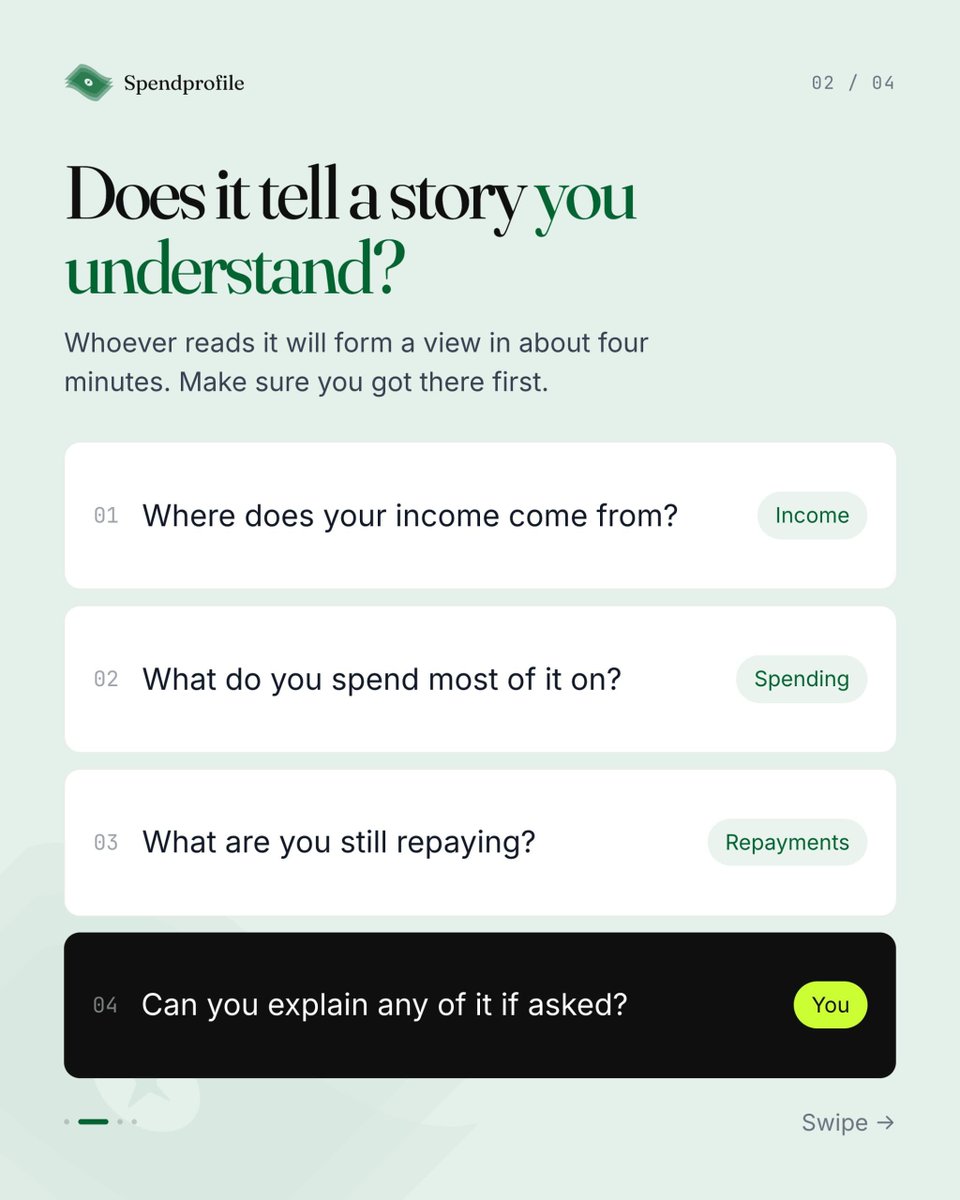 usespendprofile's tweet photo. Before you submit your bank statement, do you understand the story it tells?

Your statement reveals your income, spending, commitments.

Spendprofile turns it into clear insights, so you understand it before anyone else does.

#Spendprofile #FinancialLiteracy https://t.co/bAnL9DmHhF