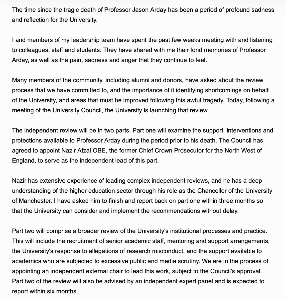 philipmurraylaw's tweet photo. I hate to say this, given how live and raw the issues are (and because I'd imposed an omertà on myself after Arday's death) , but I just don't think this is good enough from @Cambridge_Uni or the Vice Chancellor. https://t.co/Vpye4FxRQl