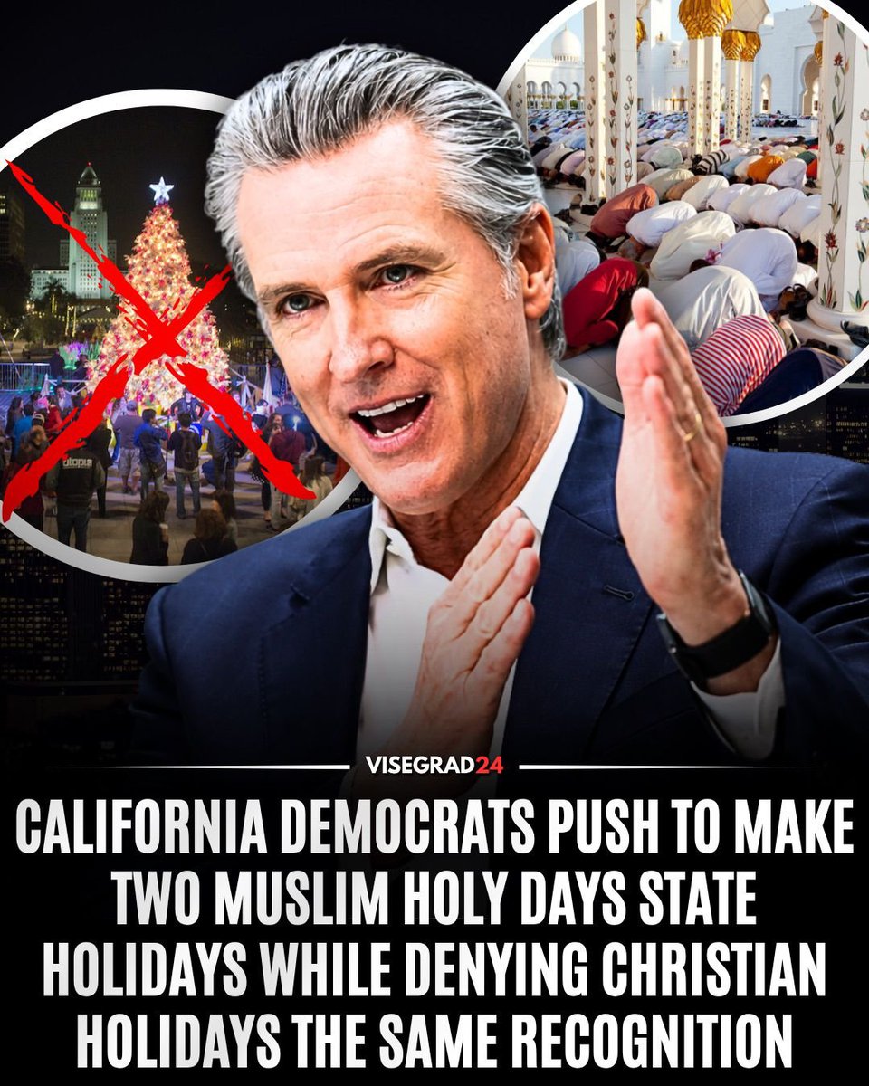 visegrad24's tweet photo. California Democrats are advancing a bill to officially recognize the Muslim holy days of Eid al-Fitr and Eid al-Adha as state holidays and specifically allow public schools to teach lessons about their history. Meanwhile, California has nearly 12 million Catholics, but Easter and Good Friday are not state holidays, and state education law has no comparable holiday-specific provision for schools to develop model lessons about the religious meaning of Christmas, Easter or Good Friday.

The bill was introduced by Democratic Assemblyman Matt Haney and passed the California Assembly 64-1. It is now moving through the Senate.