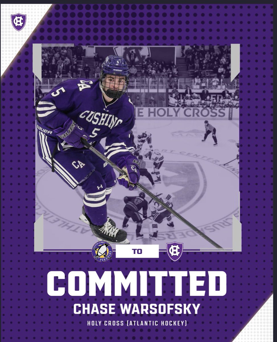 CushingBHockey's tweet photo. ➡️Congratulations to rising senior and 2026-27 team captain Chase Warsofsky on his commitment to @HCrossMHockey We are so excited to have him leading our team this season #RollPens 🐧 https://t.co/jhiCT1csrA