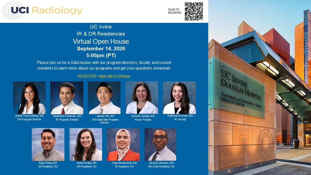 UCIradres's tweet photo. Curious about what it’s like to train in Radiology at UCI? Join us for our upcoming Virtual Open House and get to know the people, culture, and opportunities that define our program.

You can register at the link below, and we look forward to meeting you!

https://t.co/ar7HMu0oxm https://t.co/dFUGhokSjU