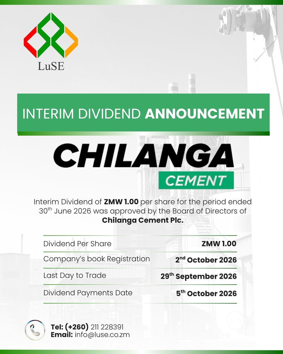 LuSE_Plc's tweet photo. @ChilangaCement Plc Board has approved an interim dividend of ZMW 1.00/share for the period ended 30 Jun 2026.
▪️ Last Day to Trade: 29 Sep 2026
▪️ Record Date: 2 Oct 2026
▪️ Payment Date: 5 Oct 2026
https://t.co/tt2AIZkaRd
#LuSE #ChilangaCement #InterimDividend https://t.co/Um5VNgFl6k