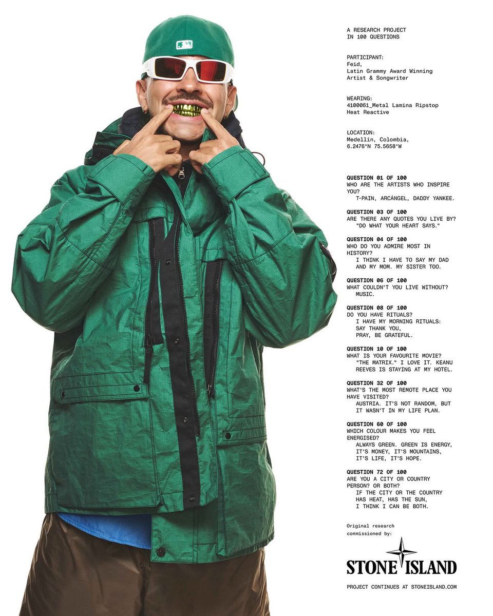 JonatasRichard's tweet photo. Latin Grammy Award Winning Artist &amp; Songwriter Feid wears 4100061 Metal Lamina Ripstop Heat Reactive jacket, from the Spring_Summer ‘026 collection. Taken from ‘Community as a Form of Research’.

Excerpt:

Question 03 of 100

Are there any quotes... https://t.co/IOWN85g9c7