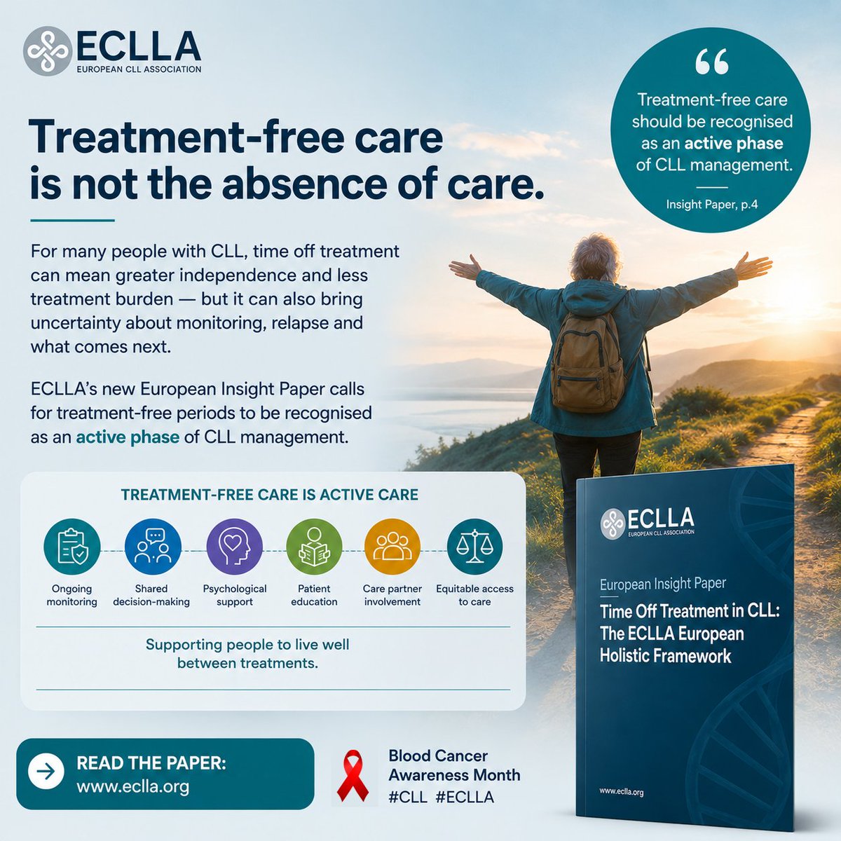 ECLLAorg's tweet photo. Treatment-free care is not the absence of care. For many people with CLL, time off treatment can mean greater independence &amp; less treatment burden — but it can also bring uncertainty about monitoring, relapse &amp; what comes next.  📖 Read the Insight Paper: https://t.co/9k61gGUv93 https://t.co/8jALDaokbU