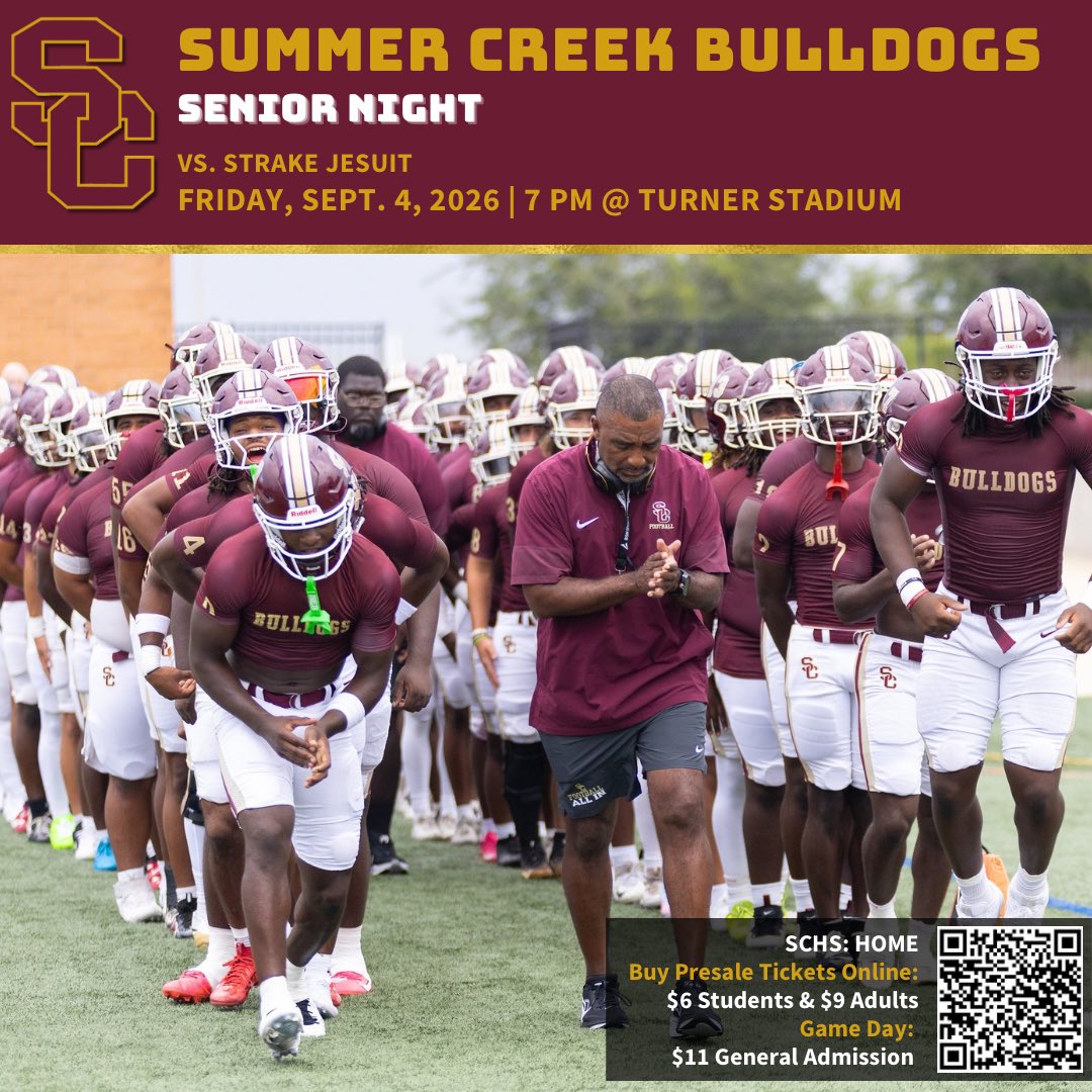 SC_BulldogFB's tweet photo. GAME DAY! 🏈 Summer Creek takes on Strake Jesuit tonight at 7 p.m. at Turner Stadium!

🎟️ Presale ends at 4:30: $6 students | $9 adults
GA: $11

Tickets ➡️ https://t.co/FcTd4TiR5j

Go Bulldogs! https://t.co/Jd9OfsUH67