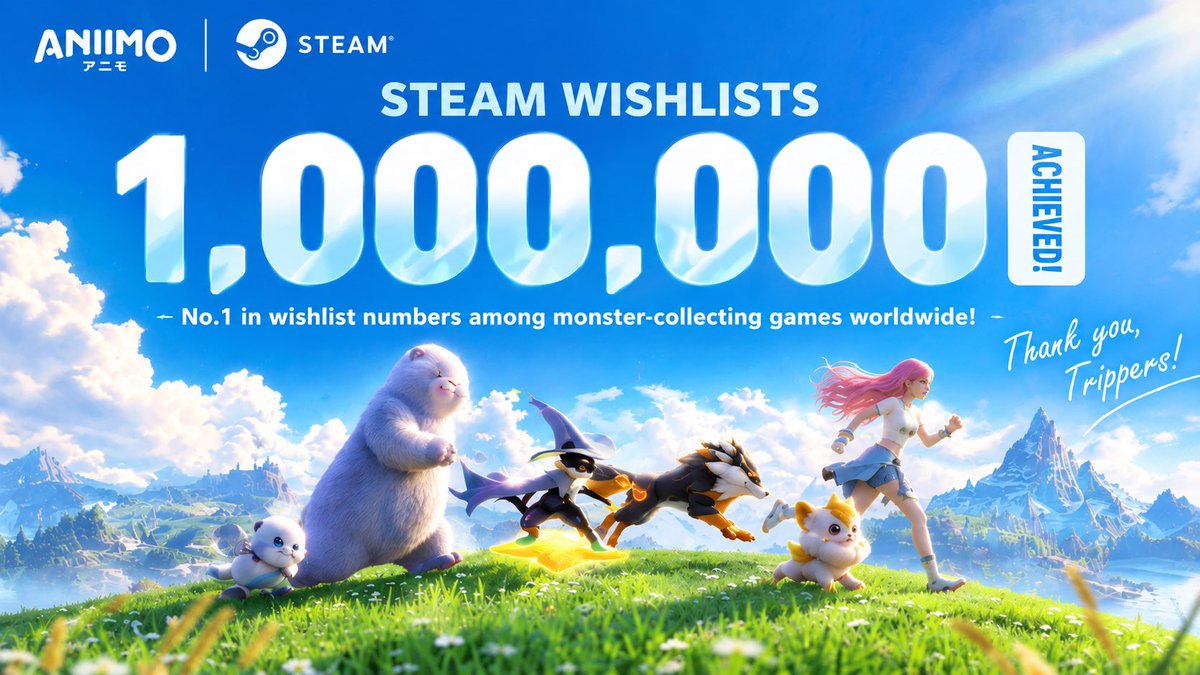 AniimoIntel's tweet photo. ANIIMO has surpassed 1 million Steam wishlists! 🎉

It has also reached #1 in wishlist numbers among monster-collecting games worldwide.

Thank you so much to everyone who has been supporting and waiting for Aniimo. 💙

#ANIIMO #Aniimo #PlayTogether https://t.co/auJmuqRdXk