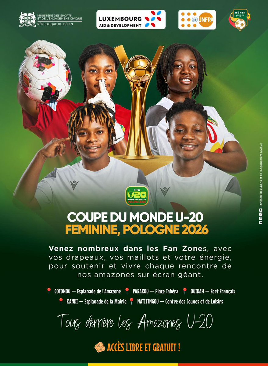 unfpa_benin's tweet photo. Nos Amazones U-20 portent haut les couleurs du Bénin à la Coupe du Monde Féminine U-20🏆. Pour vibrer ensemble à leurs côtés,@sports_gouv_bj, en partenariat avec @unfpa_benin, installe des Fan Zones à Cotonou, Parakou, Ouidah, Kandi &amp; Natitingou 

RDV 👉05 septembre | 17h00 https://t.co/5HlPXFzd7Z