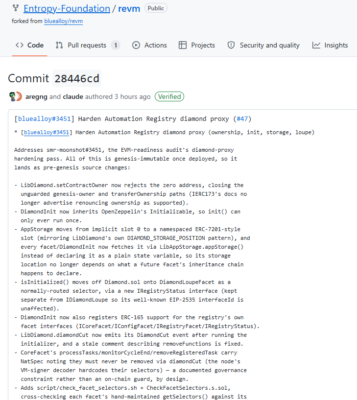 supragainz's tweet photo. 🔷 supra:native EVM Development Update

Another substantial EVM-readiness change has landed in the supra:native REVM work and fully merged.

This update focuses on hardening the Automation Registry diamond proxy, with changes around ownership, initialization, storage layout and facet/selector safety.

Some notable additions include:

🔹 Protection against a zero-address contract owner
🔹 Initialization restricted to a single run
🔹 Namespaced storage to reduce future facet storage-layout risks
🔹 Improved automation readiness checks
🔹 New tooling to detect missing/unroutable facet selectors
🔹 Updated gas measurements following the storage changes
The accompanying notes state the full 467-test Foundry suite passed, alongside additional Rust/selector checks.
More infrastructure work rather than a flashy feature — but exactly the sort of hardening you’d expect to see as EVM components move closer towards production readiness.

source: https://t.co/jLG9LBwwzy  

Disclaimer: This is my interpretation of publicly available development activity and code changes only. It is not an official Supra announcement, does not confirm an EVM launch date or production deployment, and should not be taken as financial or investment advice. Always verify information through official Supra channels.
