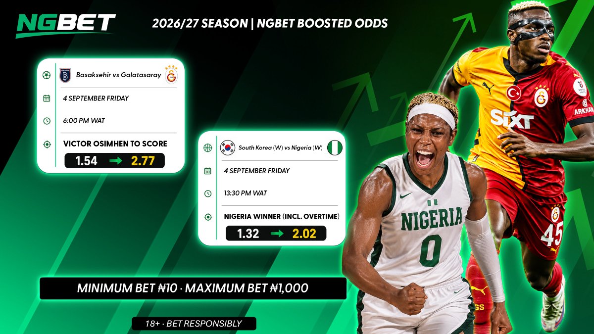 NGBetOfficial's tweet photo. All times WAT. Friday only. Min ₦10, max ₦1,000 each.

👉 https://t.co/umTJ6mOsOF

18+. Play responsibly. T&amp;Cs apply https://t.co/4EqXf7LKMc