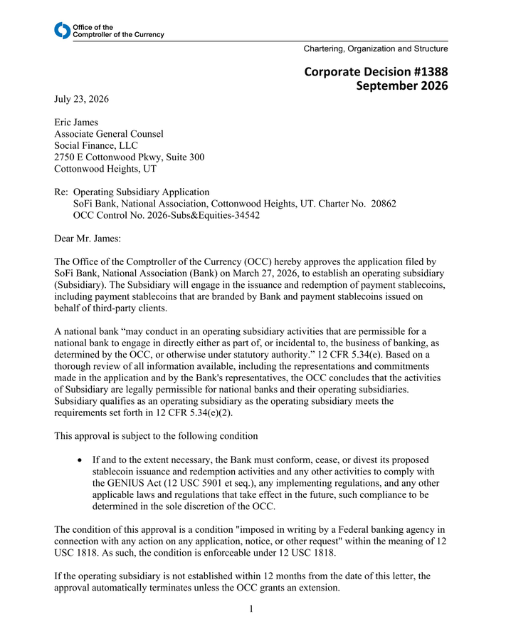 insiderinvests's tweet photo. Holy sh*t

The Office of the Comptroller of the Currency just approved $SOFI to establish a stablecoin issuer subsidiary https://t.co/1O49Yq0zQS