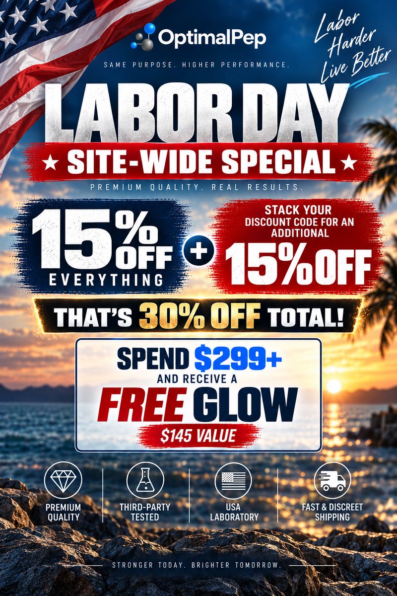 petrovoptimal's tweet photo. 🇺🇸 Labor Day sale is live.

15% off sitewide + stack your favorite ambassador’s code for another 15% off. Up to 40% off total with bundle savings. 

Spend $299+ and we’ll throw in a FREE GLOW ($145 value).

FREE 2 day shipping on orders $250+ 

Stock up while it’s live. 🇺🇸

#OptimalPep #LaborDaySale