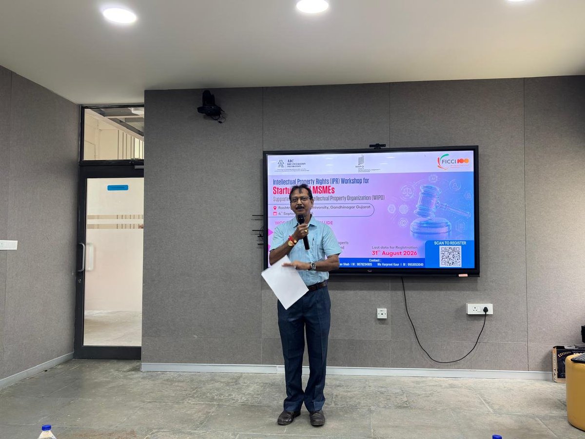 narottamsahoo's tweet photo. Ideas become innovations when creativity is protected, nurtured and transformed into value.
Honoured to engage with #Startups and #MSMEs at the #IPRWorkshop organised by @ficci_india in association with @WIPO at Rashtriya Raksha University (@RakshaUni), Gandhinagar today.
From insightful IPR deliberations to a hands-on one-to-one #IPClinic, the program highlighted how strategic IP protection can strengthen #innovation, #competitiveness and #enterprise value.
The way forward is clear: protect our ideas, empower our innovators and build an innovation-driven #ViksitBharat.
@SciInteresting @CuriousMindsHub @PopSci @CIPAM_India @picgujcost @mygovindia