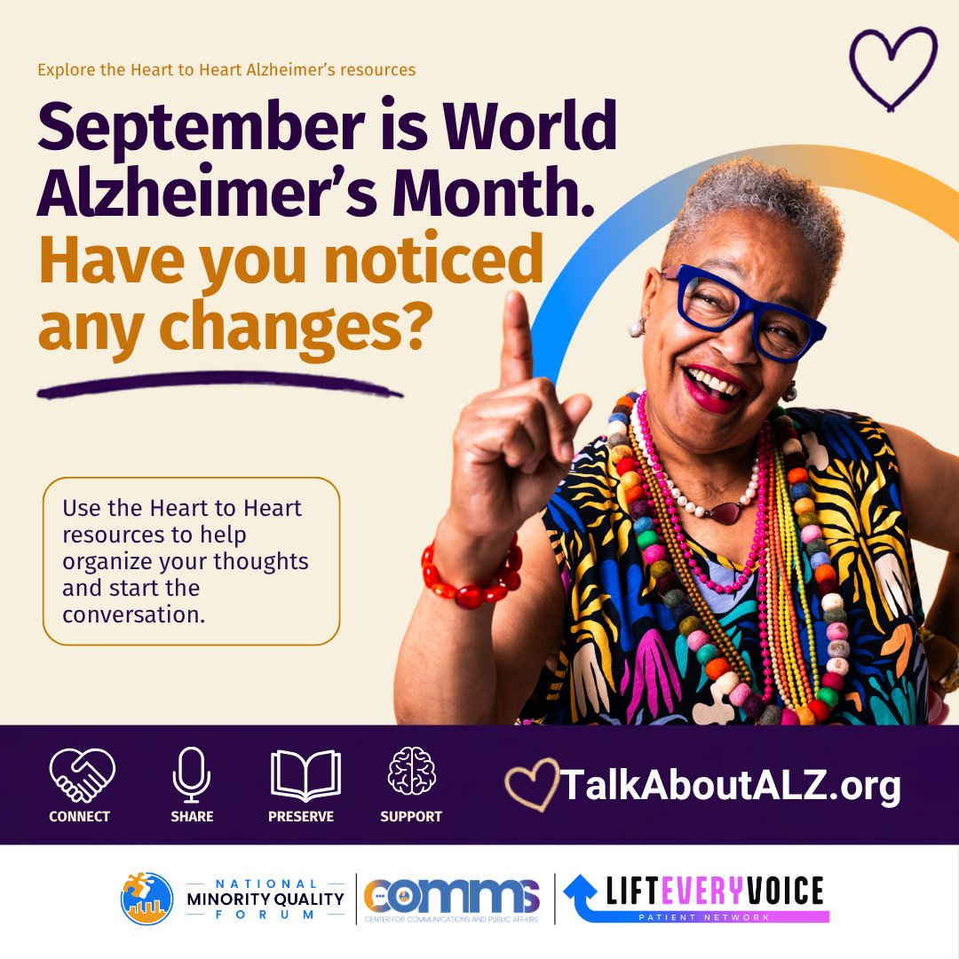 NMQF's tweet photo. Memory or thinking changes? Don’t dismiss them. 🧠
Pay attention. Write down what you notice. Talk about it.
Heart to Heart can help you prepare for the conversation.
Start here: https://t.co/9dArOD0Jue
#TalkAboutAlz #MemoryHealth #WorldAlzheimersMonth #NMQF https://t.co/VVymF3pW4f