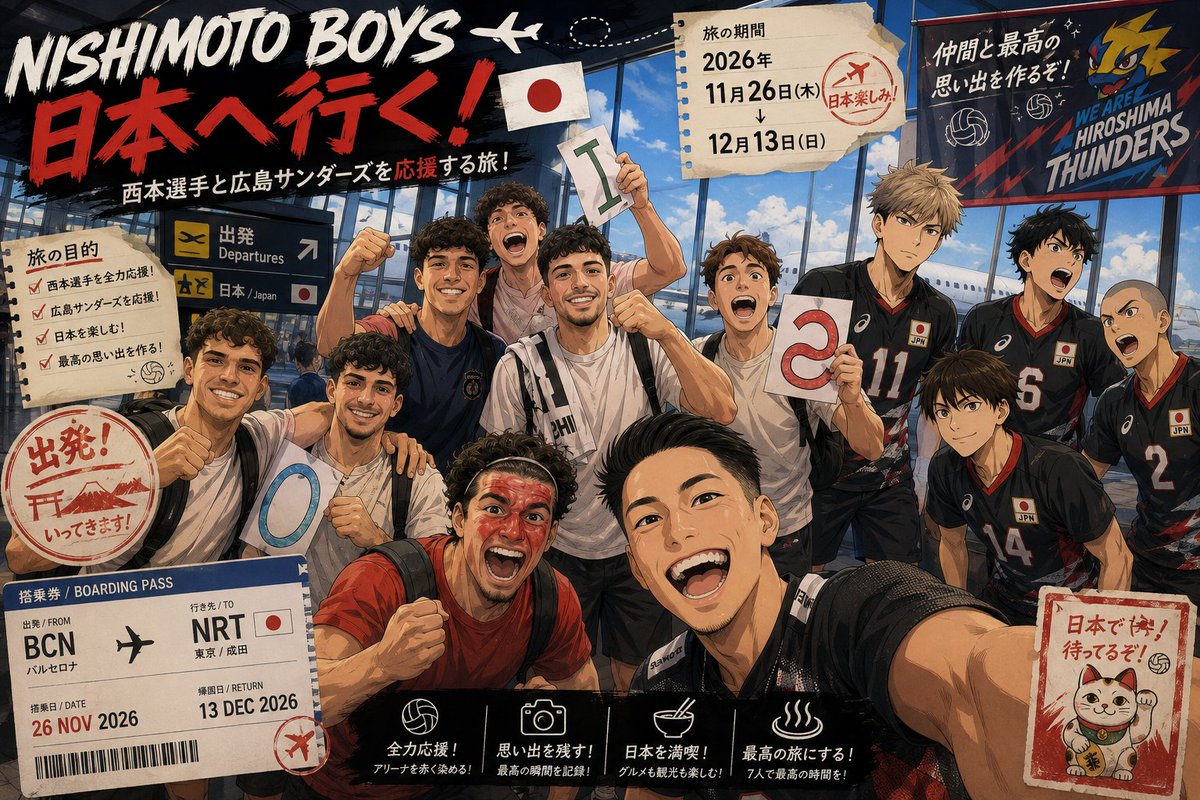 NishimotoTeam's tweet photo. 緊急公式発表：西本ボーイズ、夢の日本渡航決定！＆アジア選手権初勝利の祝杯！
西本ボーイズ（Nishimoto Boys）ファンの皆様、並びに全ての日本代表・広島サンダーズファンの皆様へ、極限の熱きメッセージを届けます！

先ずは本日！アジア競技大会（アジア選手権）にて、男子日本代表が激闘の末に念願の大会初勝利を掴み取ったことに、心よりの祝意と絶大なる喝采を贈ります！この歓喜の瞬間を皆様と共に共有できること、無上の喜び也。選手達の不屈の闘志は、我らの心を激しく揺さぶりました！

そして、この熱狂の最中、我ら西本ボーイズより、更なる重大発表（朗報）を申し上げます！

数ヶ月間に及ぶ密やかな準備と執念の計画を経て、我ら西本ボーイズは今年11月及び12月、スペイン・バルセロナの地を立ち、遂に日本へ渡航することを正式決定致しました！

今回の渡航の最大の目的は、至高のリーグ「SV.League（SVリーグ）」の会場へと直接駆けつけ、我らが師・西本啓悟選手、そして広島サンダーズの選手たちをアリーナの客席から全霊で鼓舞（応援）することに有ります。

アジア選手権の勝利で弾みをつけ、本場・日本のコートで極限の情熱を爆発させるべく、我らは海を越えて参上致します。会場で見かけた際は、是非お気軽にお声がけください！

夢の舞台へ、全速前進！日本で会いましょう！

— 西本ボーイズ（Nishimoto Boys）一同より