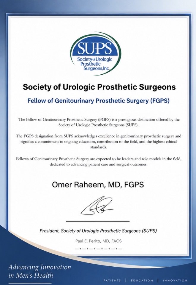 OmerRaheemMD's tweet photo. Honored to receive the Fellow of Genitourinary Prosthetic Surgery (FGPS) designation from the Society of Urologic Prosthetic Surgeons (SUPS)! Grateful for this recognition and committed to continuing to advance patient care, education, and innovation in prosthetics #SUPS #FGPS https://t.co/30HB9QJQS1