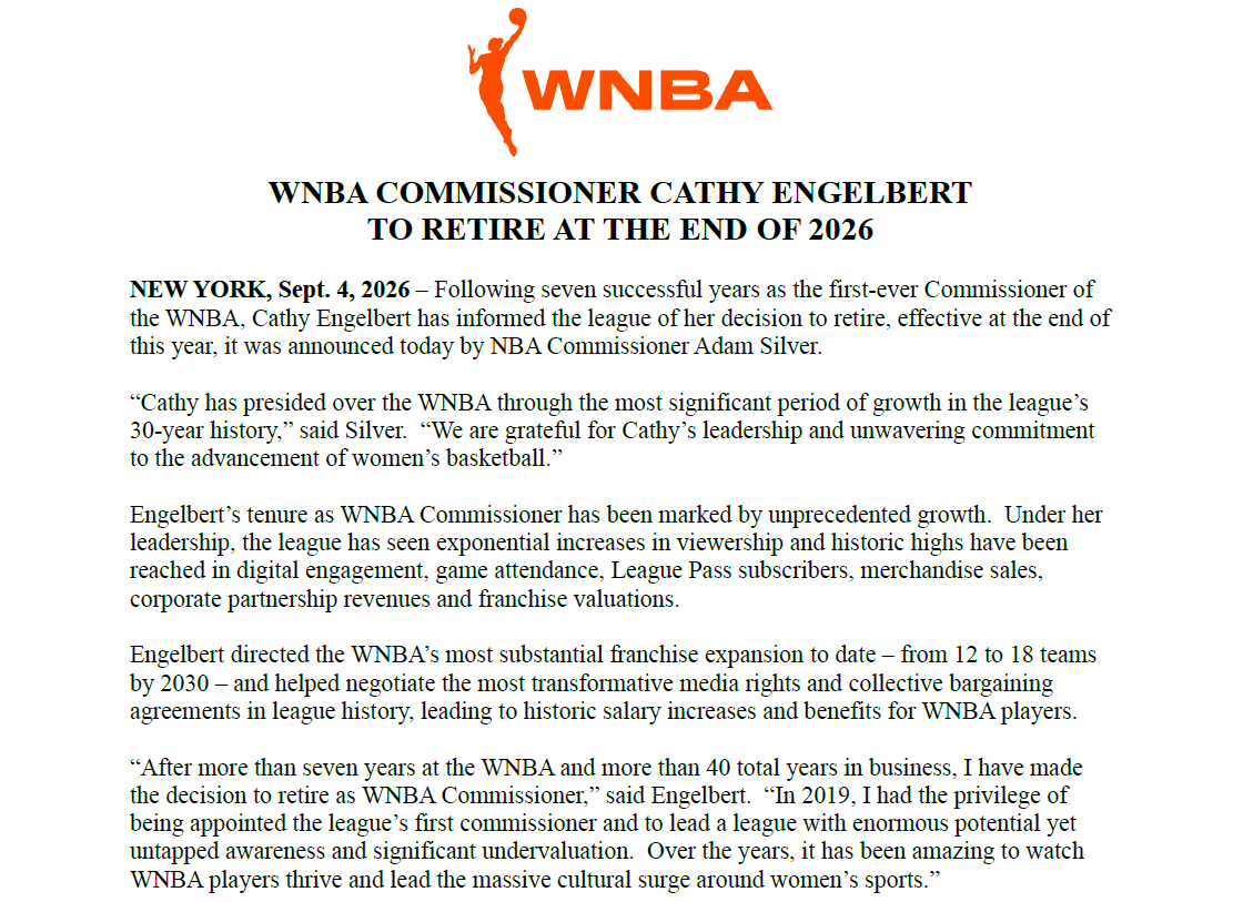 WNBAComms's tweet photo. WNBA Commissioner Cathy Engelbert to Retire at the End of 2026 https://t.co/Ul7qV4dm33