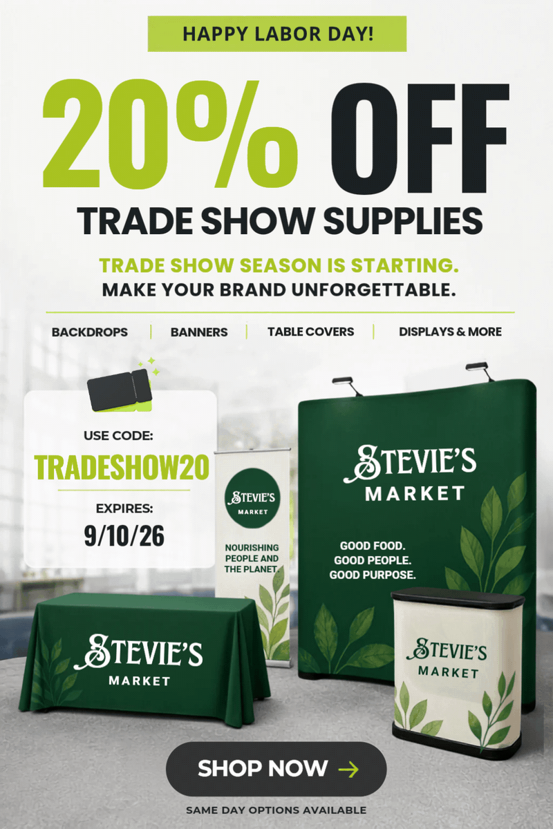Printleaf's tweet photo. Labor Day Sale! Get 20% Off Trade Show Essentials! Use code TRADESHOW20 for Discounts on Trade Show Displays, Booths, and Retractable Banners! Ends Sept. 10
#corporateevents #marketing https://t.co/tG5mfh2mn1