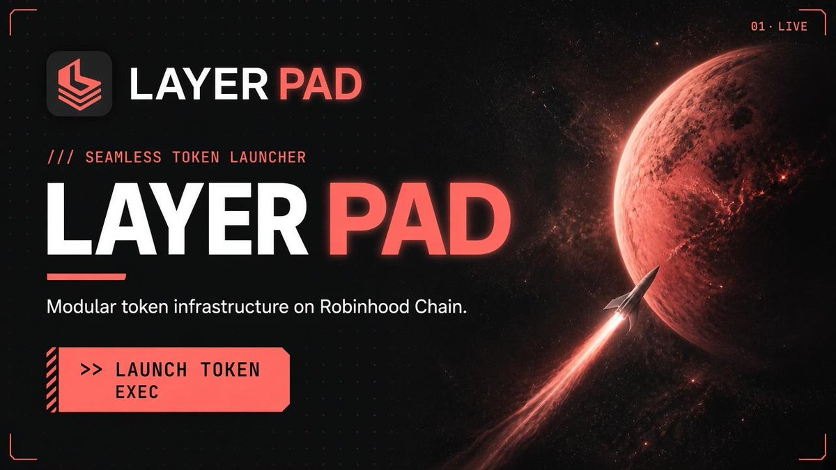 LayerPADHub's tweet photo. LayerPad is the modular token launcher for Robinhood Chain. Not a landing page with a connect button and a hope. A full stack for people who want to create a market, route liquidity, and stay on chain from the first block.

The idea is simple. You should be able to launch a token without assembling a dozen tools, a private group of insiders, and a week of guesswork. LayerPad puts the launcher, the pool, and the discovery surface in one place so the token is live the moment you confirm.

LAYER is the system. PAD is the surface you actually use. Together they are built for speed, for clarity, and for creators who want the market to open in public.

If you are launching on Robinhood Chain, start here. https://t.co/8PqdqA2UOV. Seamless token launcher. Press EXEC when you are ready.