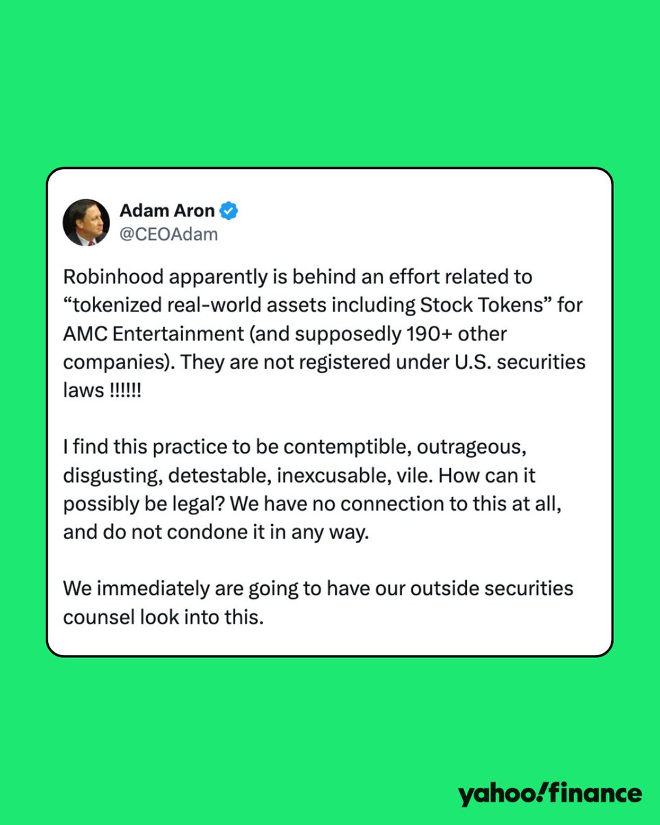 YahooFinance's tweet photo. $AMC CEO Adam Aron has condemned $HOOD for issuing tokens that track his company's share price. https://t.co/iZ3dKECNuN
