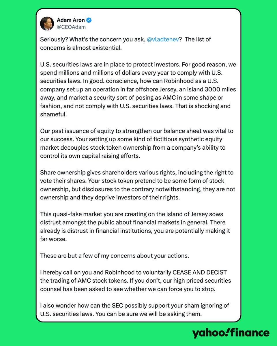 YahooFinance's tweet photo. $AMC CEO Adam Aron has condemned $HOOD for issuing tokens that track his company's share price. https://t.co/iZ3dKECNuN