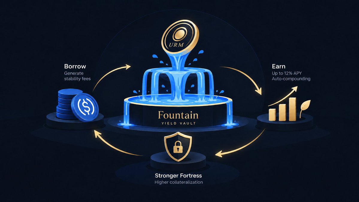 URMdollar's tweet photo. ⛲ Fountain Yield Vault Preview

Fountain is designed to deliver one of DeFi’s most competitive stable-asset yield experiences:

- Target up to 12% APY from protocol-generated revenue
- Automatic compounding through liquid fURM vault shares
- Surplus reserves designed to support consistent yield across market conditions
- ERC-4626 architecture for broad DeFi compatibility

More importantly, Fountain creates endogenous demand for URM. Growing demand reinforces Fortress defenses and overcollateralization while supporting the ecosystem’s productive assets.

This encourages CDP utilization, generating additional stability fees that strengthen Fortress reserves and reinforce those defenses further.

Yield creates demand. Demand strengthens collateral. Utilization generates revenue. Then the cycle repeats.

Fountain completes URM’s self-reinforcing growth loop.