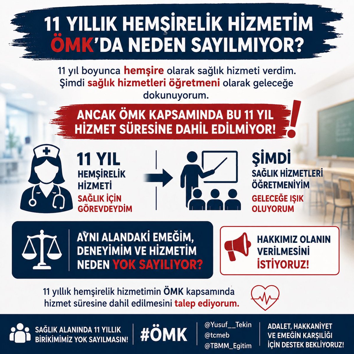 Fatmatderin's tweet photo. @PrfDrFilizKilic Yıllarca sağlık sahasında kazandığımız deneyim, öğretmen olduğumuz gün silinmemeli. Geçmiş hizmetlerimiz ÖMK kapsamında değerlendirilsin. #ÖMK #GeçmişHizmetlerimizSayılsın @PrfDrFilizKilic @RTErdogan @dbdevletbahceli https://t.co/mMb7vCwngg
