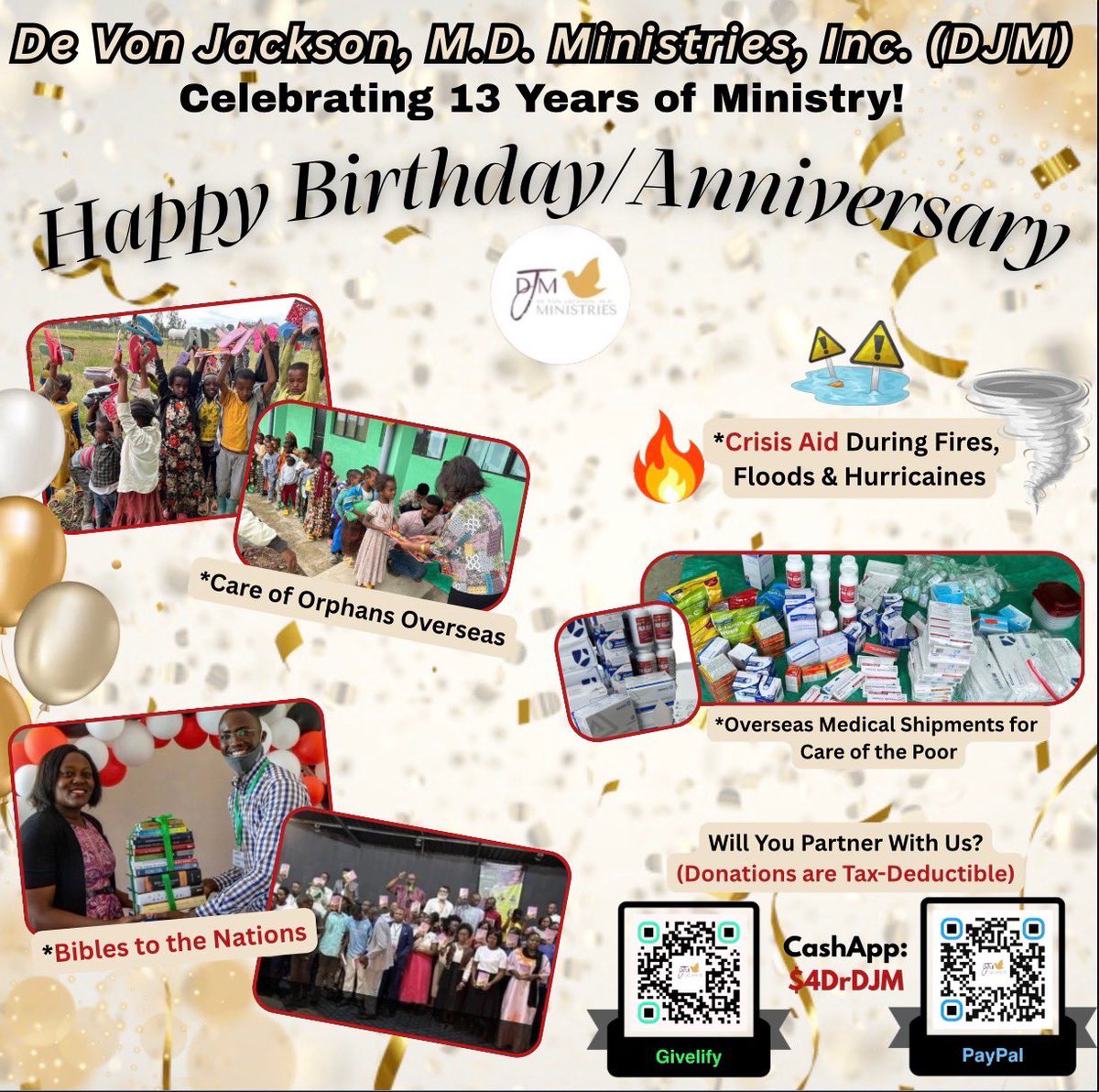 DeVonJacksonMD1's tweet photo. Happy Birthday/Anniversary to De Von Jackson, M.D. Ministries! Celebrating 13 Years of Ministry! Will you Partner with us? Thank you for Making a Difference! God bless you! #anniversary #birthday #happyanniversary #ministry #celebration #opportunity #service #djmministry https://t.co/Z8yl8kxt0Z