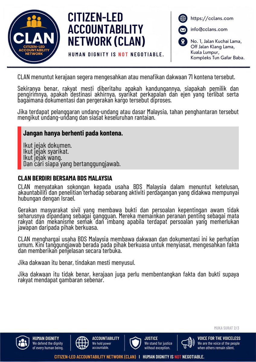 Marchfoward's tweet photo. TERKINI 

CLAN Malaysia mendesak Kerajaan Malaysia agar mengambil berat dan mengambil tindakan segera mengenai laporan dari BDS yang menyatakan sebanyak 71 buah kontena membawa senjata ke Israel singgah di Pelabuhan Tanjung Pelepas Johor

CLAN juga menyokong kenyataan BDS Malaysia