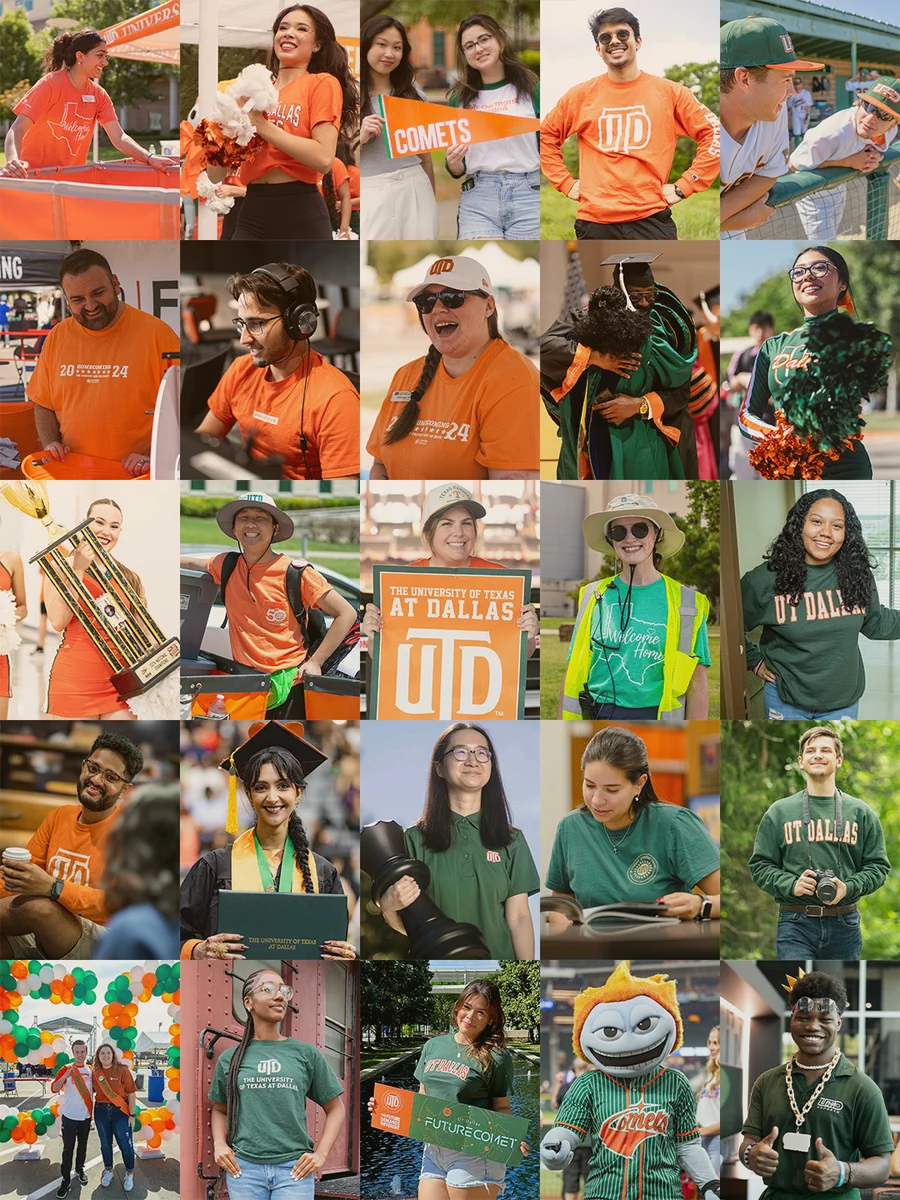 A collage of UT Dallas community members wearing orange and green